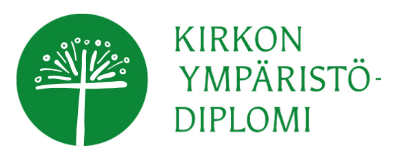 Vihreän ympyrän sisällä on valkoinen risti, jonka vieressä lukee teksti Kirkon ympäristödiplomi.